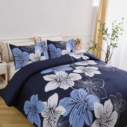 King Comforter Set, Navy Blue Floral 3-Piece Bedding, Soft Microfiber for All Seasons - Mekamart Australia