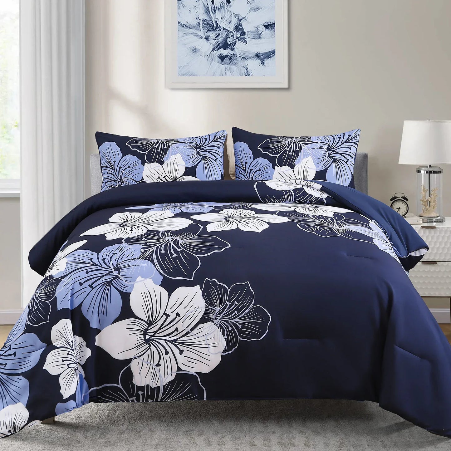 King Comforter Set, Navy Blue Floral 3-Piece Bedding, Soft Microfiber for All Seasons - Mekamart Australia