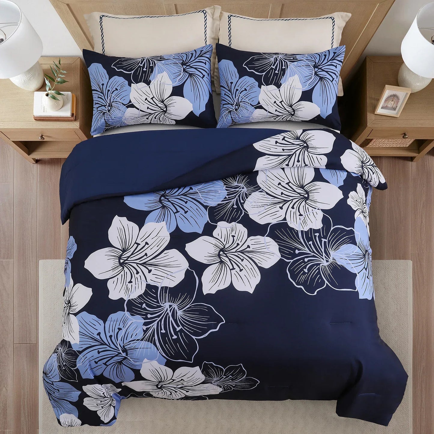 King Comforter Set, Navy Blue Floral 3-Piece Bedding, Soft Microfiber for All Seasons - Mekamart Australia