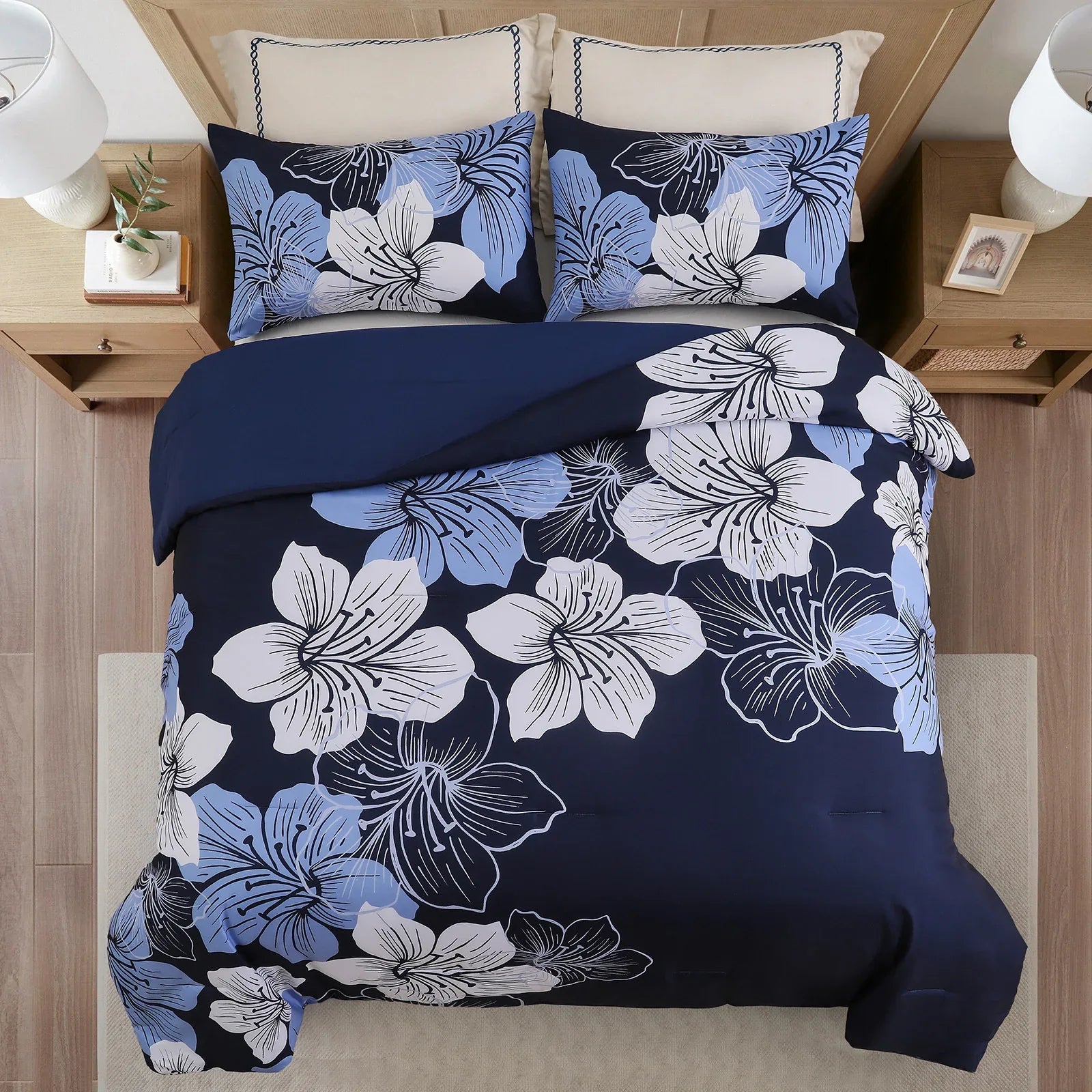 King Comforter Set, Navy Blue Floral 3-Piece Bedding, Soft Microfiber for All Seasons - Mekamart Australia