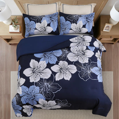 King Comforter Set, Navy Blue Floral 3-Piece Bedding, Soft Microfiber for All Seasons - Mekamart Australia