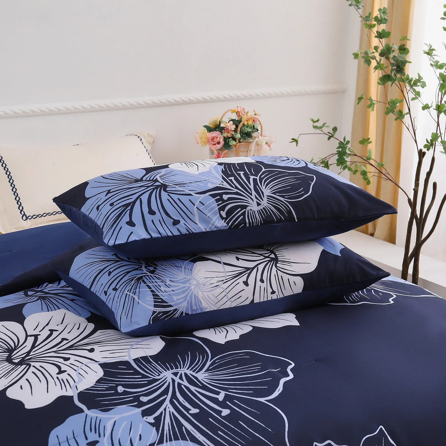 King Comforter Set, Navy Blue Floral 3-Piece Bedding, Soft Microfiber for All Seasons - Mekamart Australia