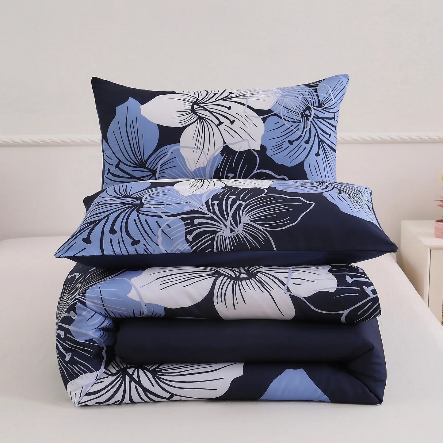 King Comforter Set, Navy Blue Floral 3-Piece Bedding, Soft Microfiber for All Seasons - Mekamart Australia
