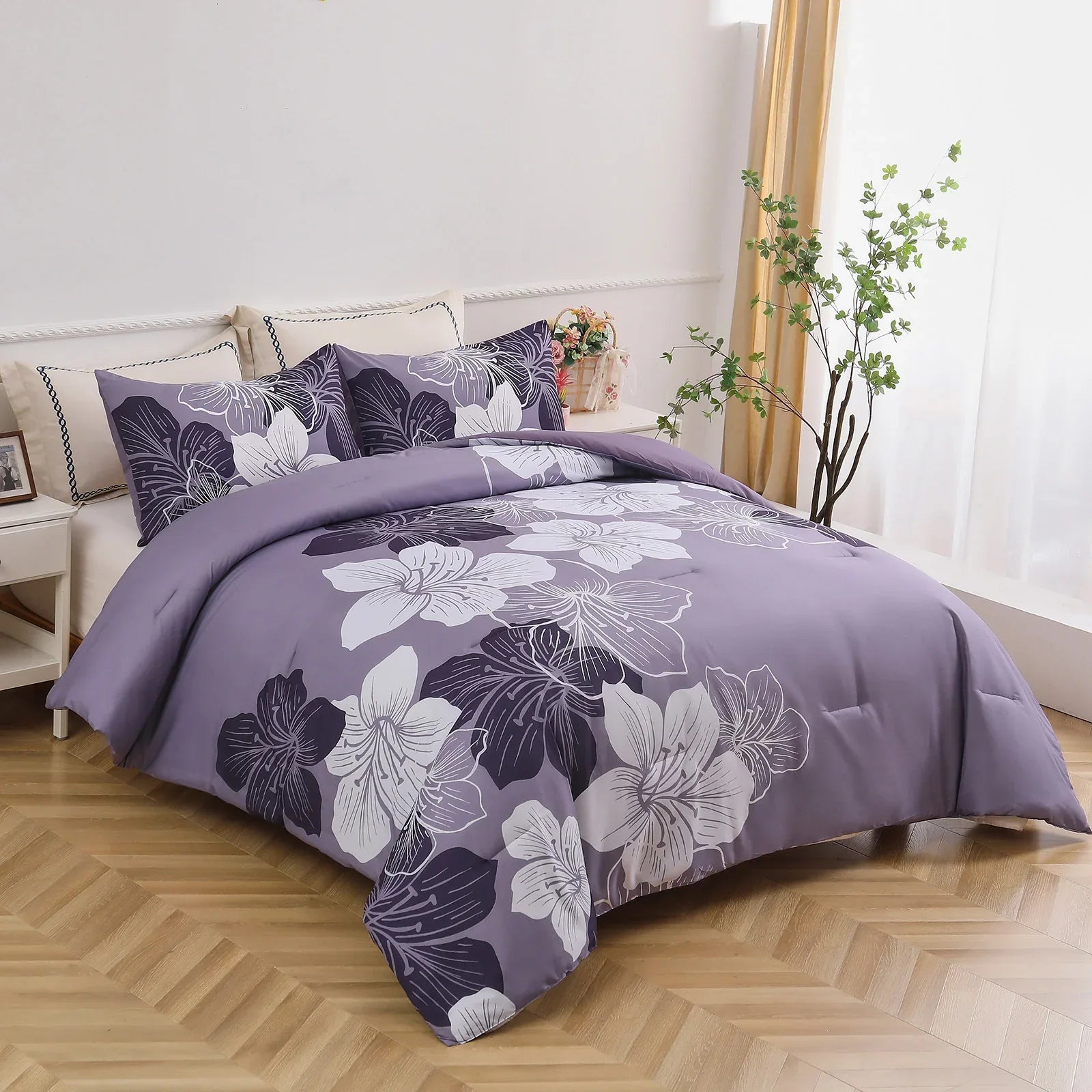 King Comforter Set, Dark Purple Floral 3-Piece Bedding, Soft Microfiber for All Seasons - Mekamart Australia