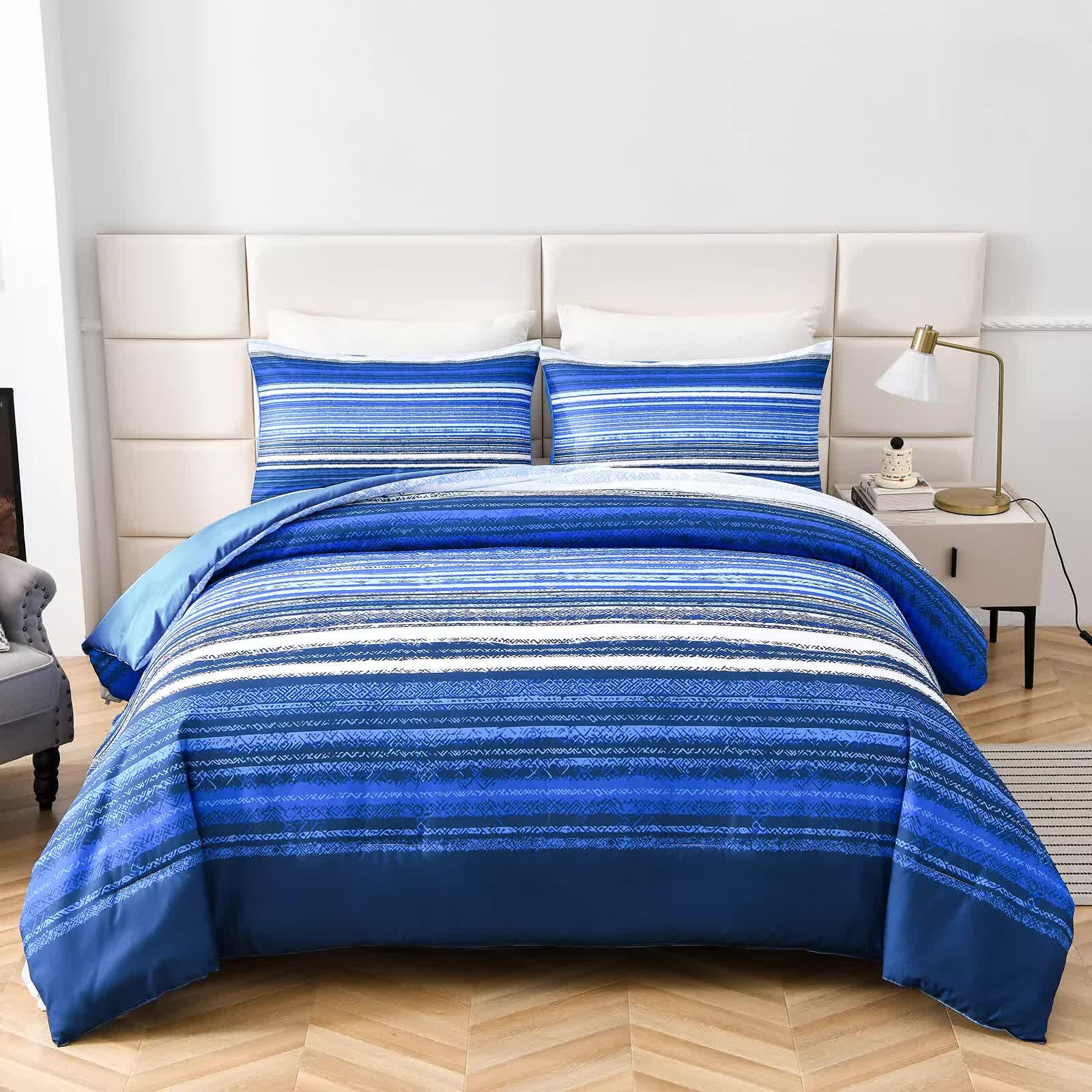 Nordic Calm stripes Blue 3‑Piece Comforter Set – Scandi Chic Vibes - Mekamart Australia