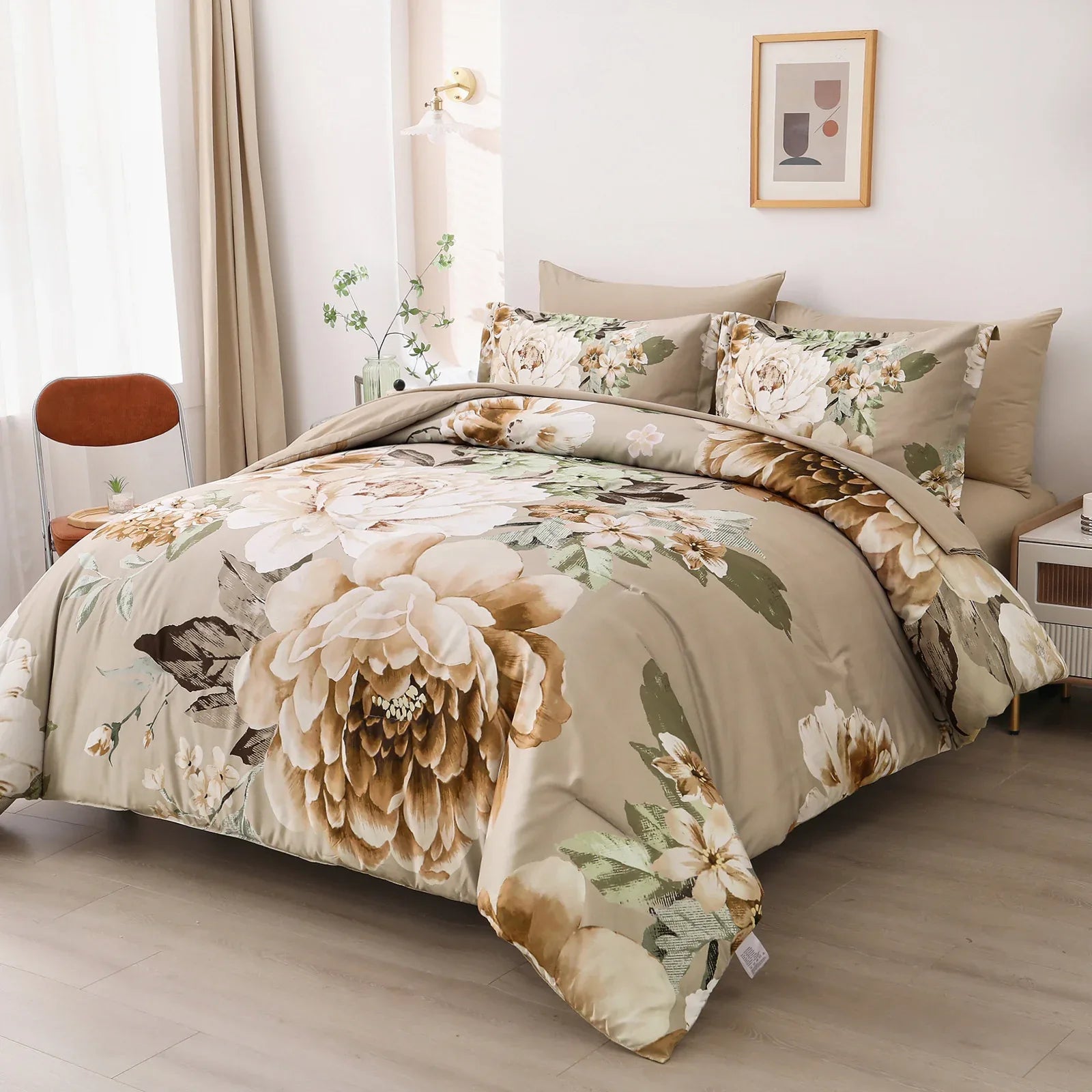 Cozy Floral Comforter Set, King Size, Quilted Warm Bedding with Pillowcases - Mekamart Australia