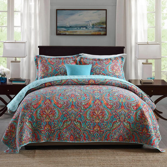 Blue Teal Boho Print Bedspread Quilt Set + Pillowcases - Mekamart Australia