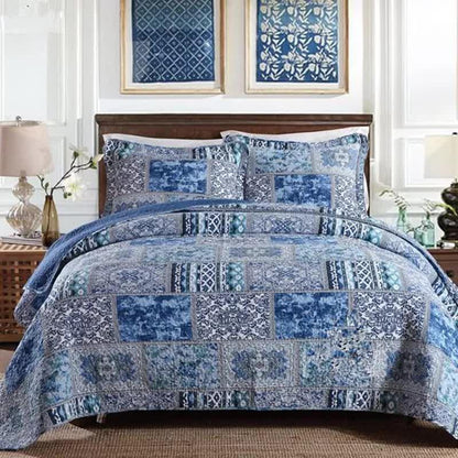 Boho Blue Quilted Coverlet & Pillow Set: Vibrant, Cozy Elegance - king - Mekamart Australia