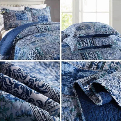 Boho Blue Quilted Coverlet & Pillow Set: Vibrant, Cozy Elegance - king - Mekamart Australia
