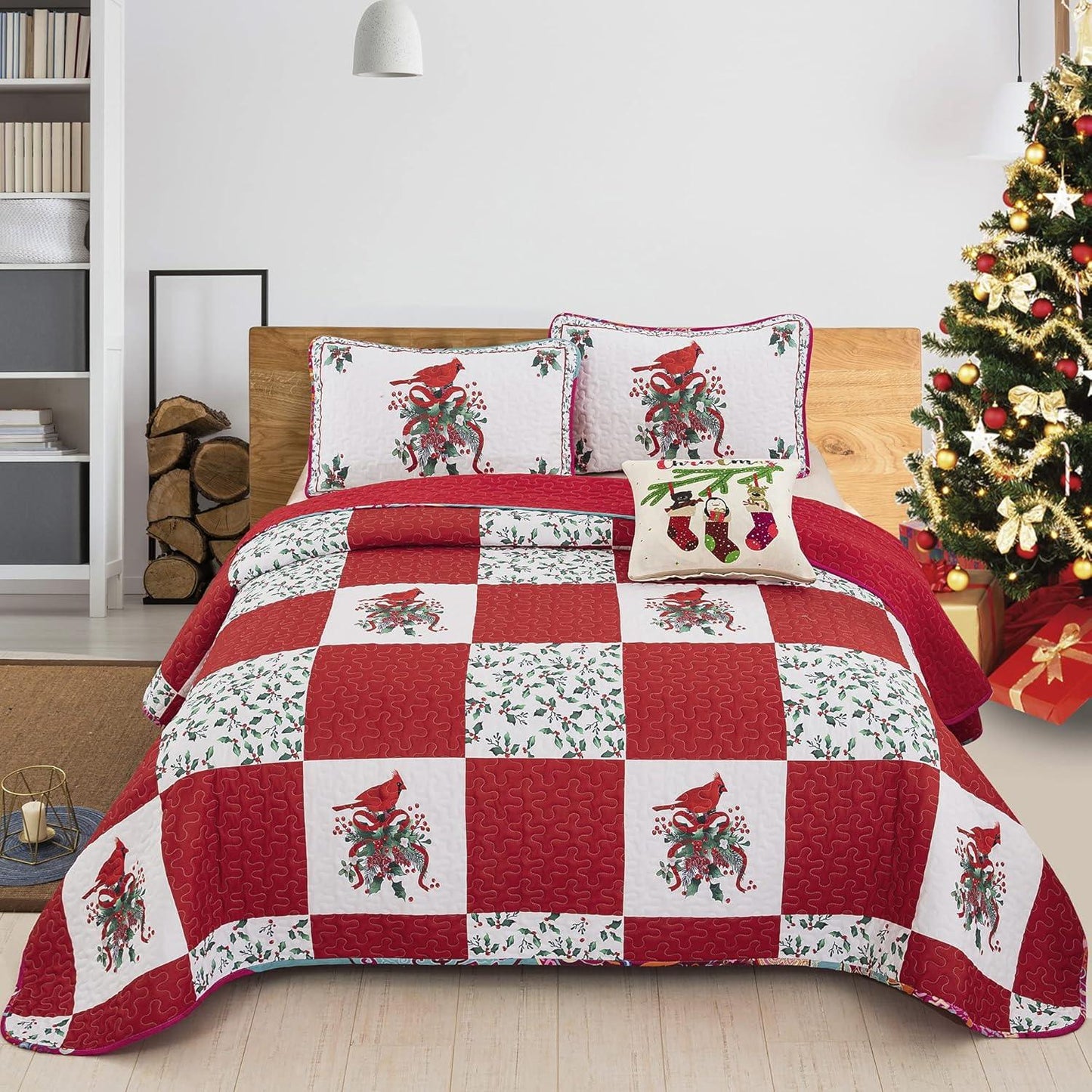 Elegant Red, greem & White Christmas Queen Bedspread Set - Mekamart Australia
