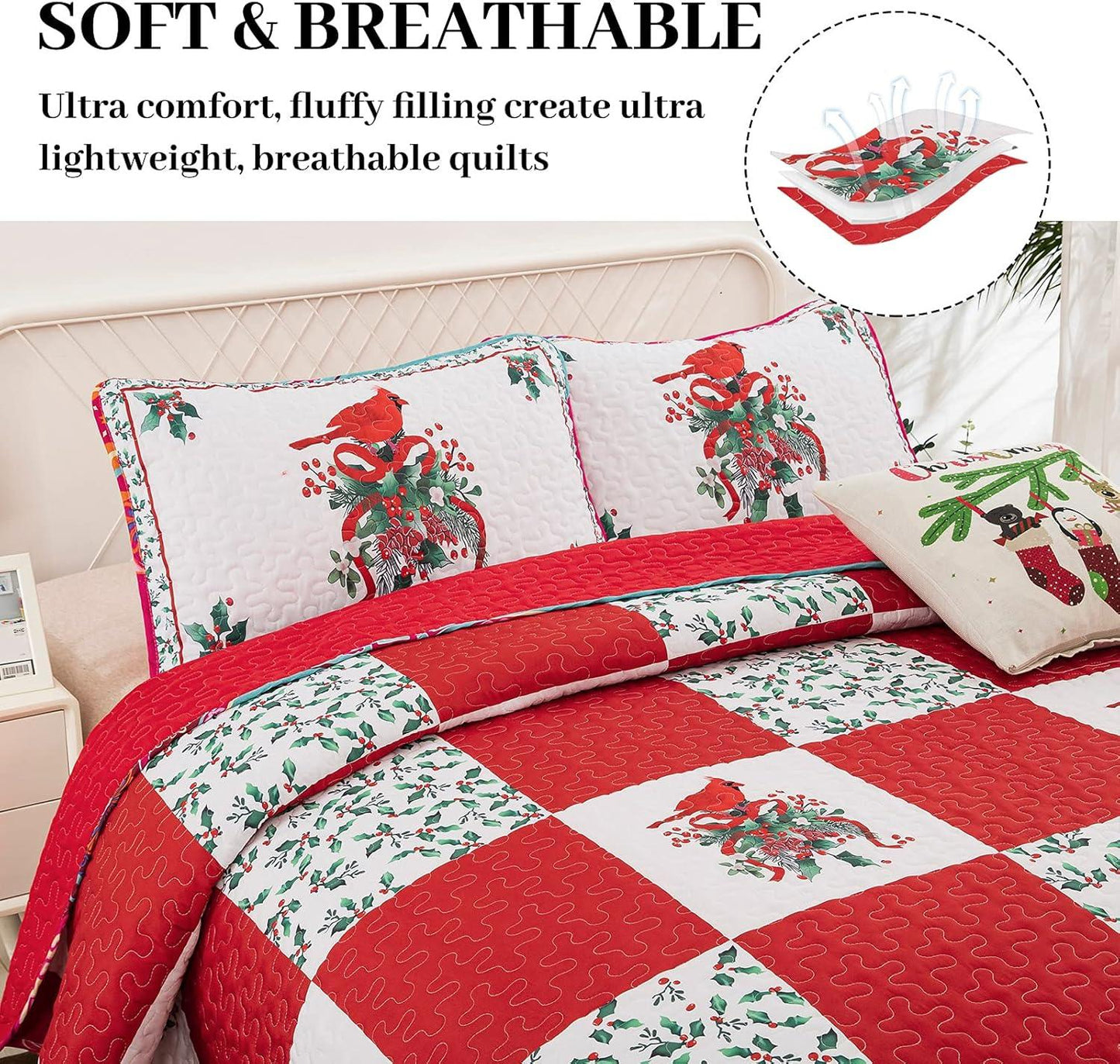 Elegant Red, greem & White Christmas Queen Bedspread Set - Mekamart Australia