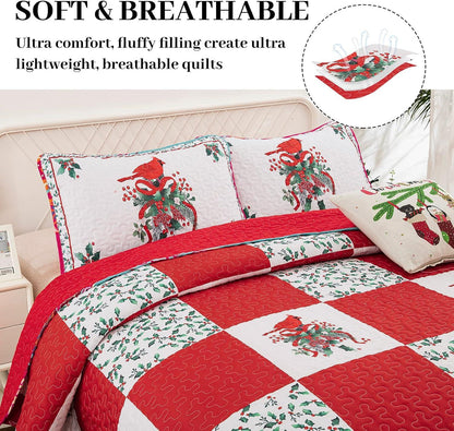 Elegant Red, greem & White Christmas Queen Bedspread Set - Mekamart Australia