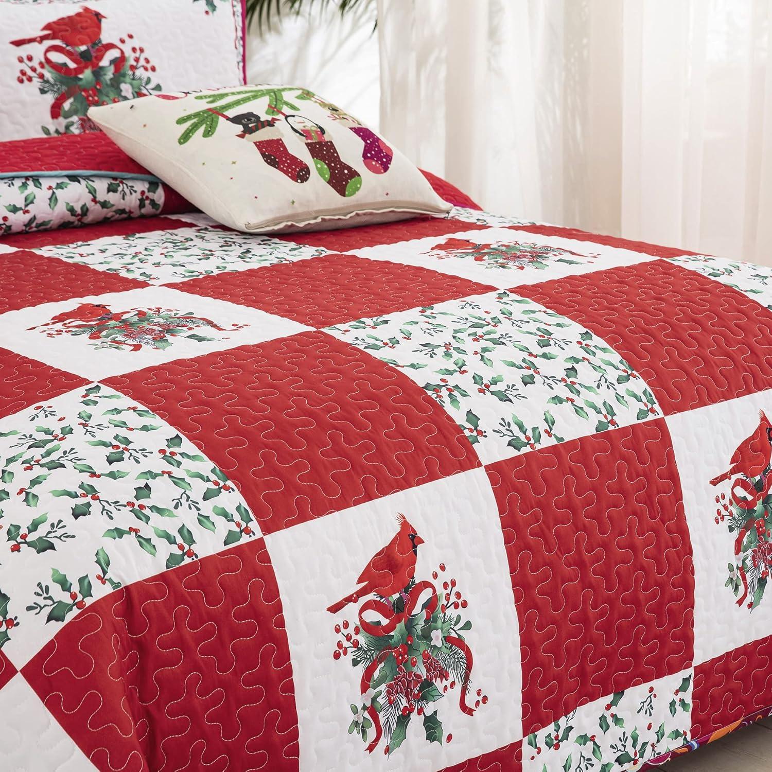 Elegant Red, greem & White Christmas Queen Bedspread Set - Mekamart Australia