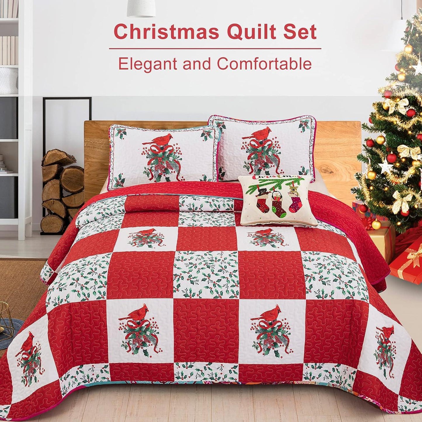 Elegant Red, greem & White Christmas Queen Bedspread Set - Mekamart Australia