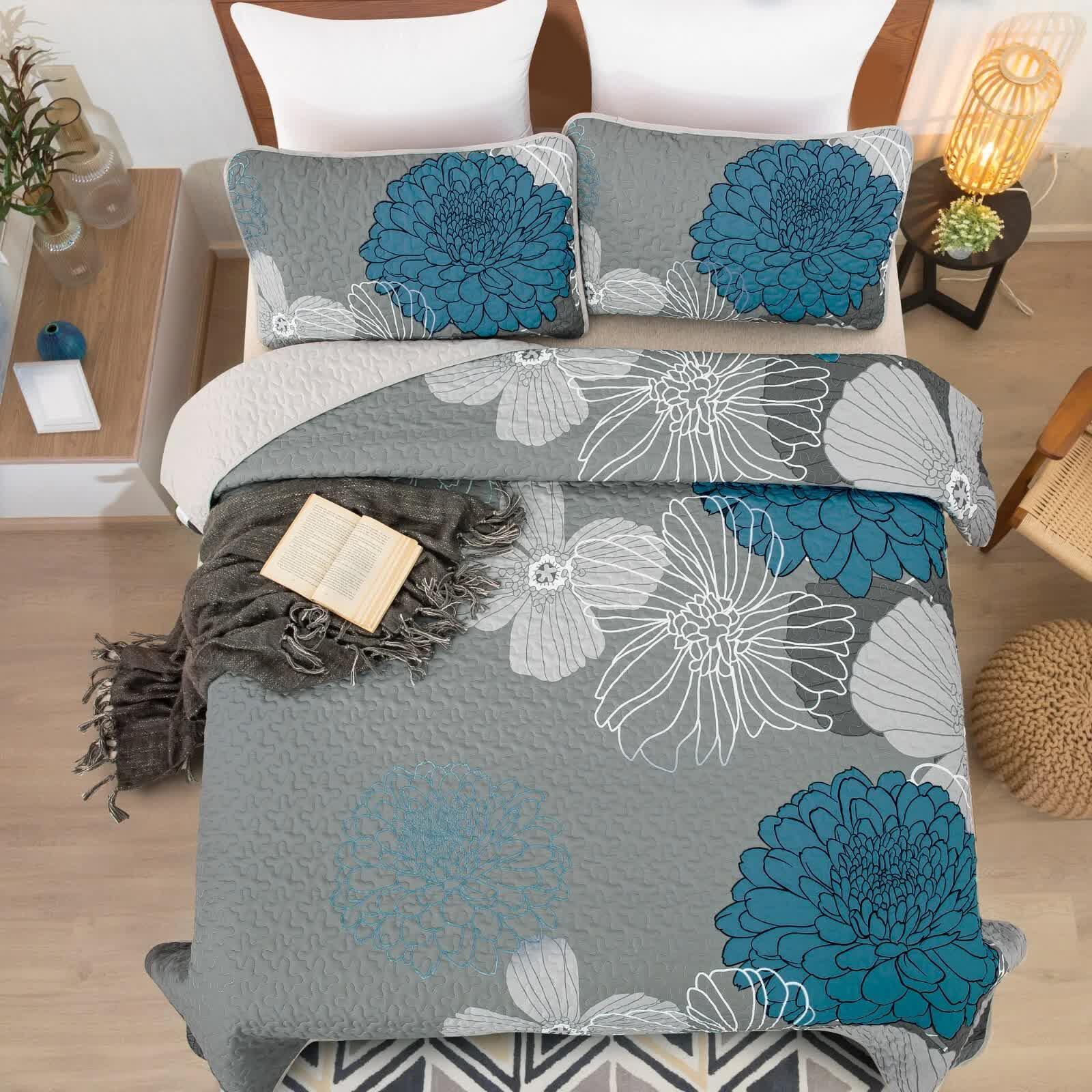 Grey Azure Bloom Quilted Coverlet Bedspread Set with Pillow Covers - Mekamart Australia