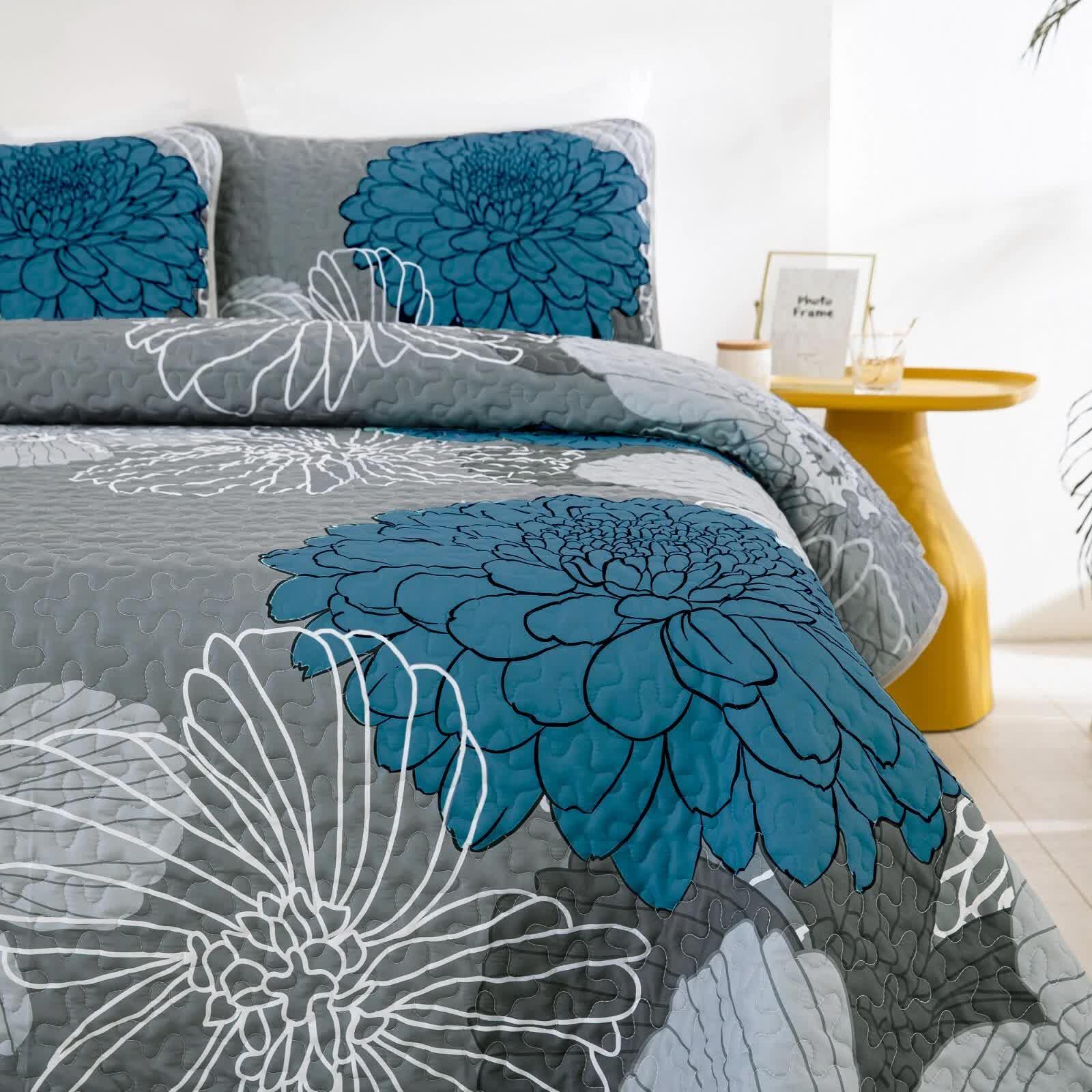 Grey Azure Bloom Quilted Coverlet Bedspread Set with Pillow Covers - Mekamart Australia