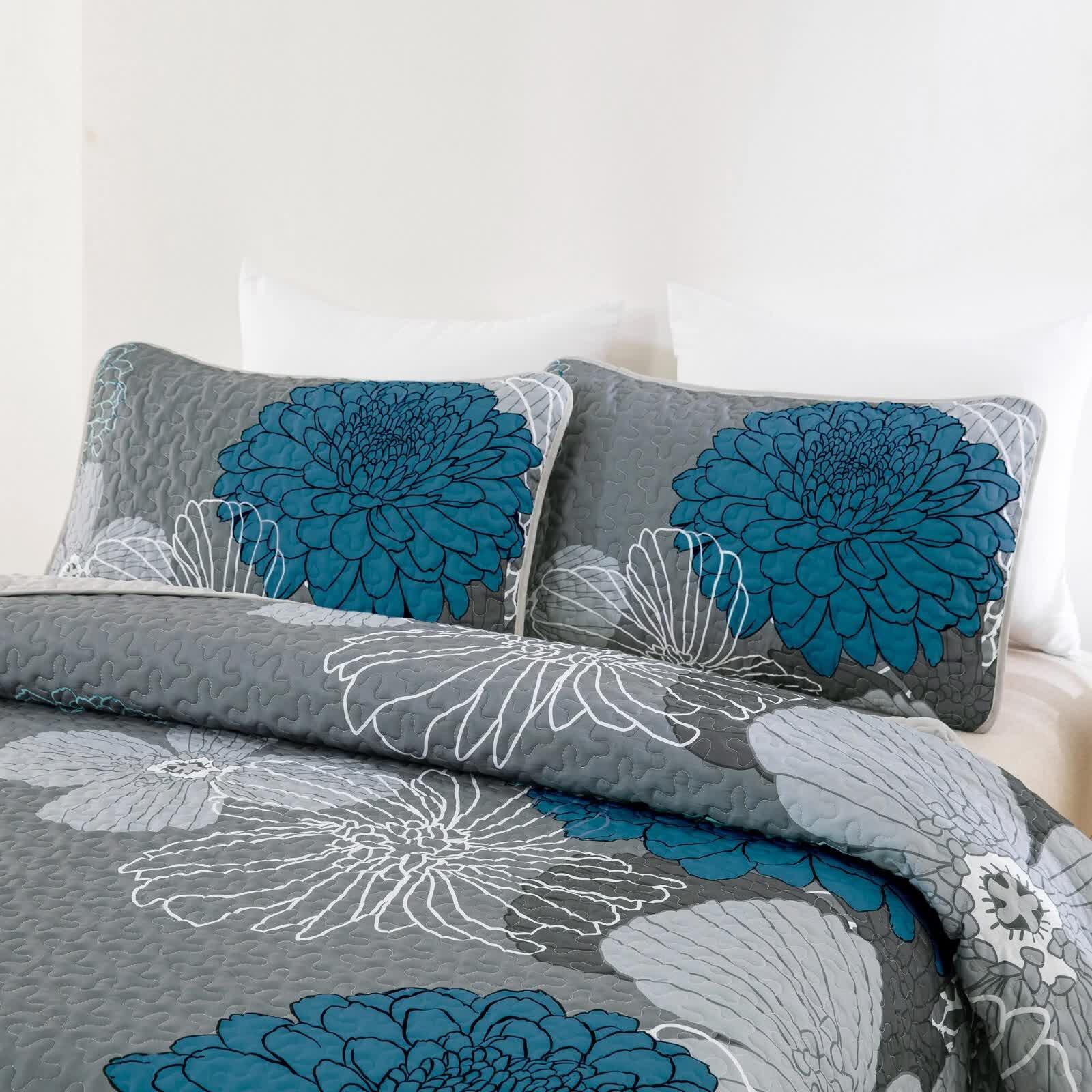 Grey Azure Bloom Quilted Coverlet Bedspread Set with Pillow Covers - Mekamart Australia