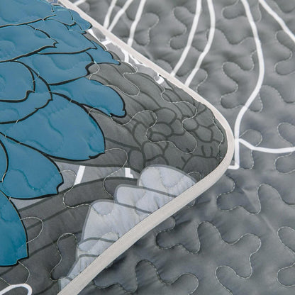 Grey Azure Bloom Quilted Coverlet Bedspread Set with Pillow Covers - Mekamart Australia