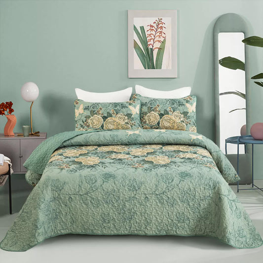 Meadow Butterfly Green Quilted Bedspread Set with Floral Details and Pillowcases - Mekamart Australia