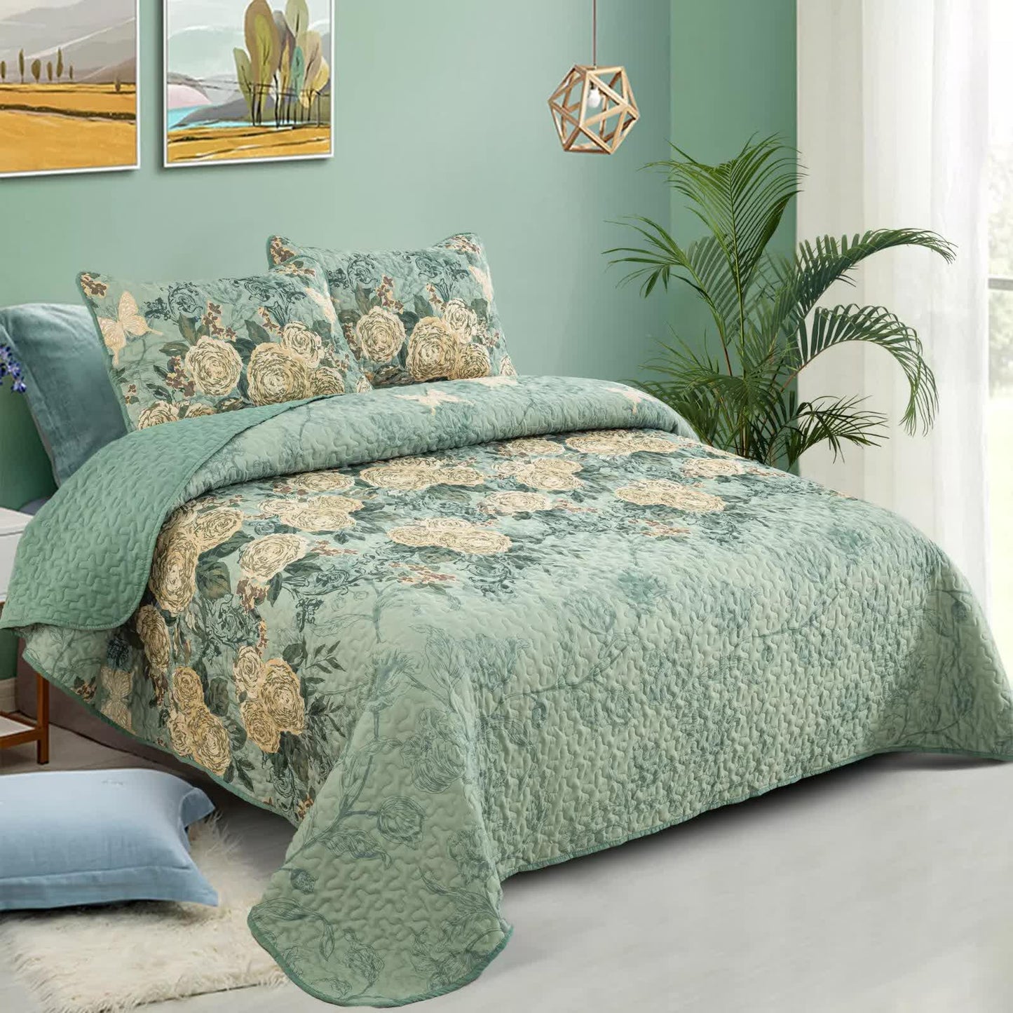 Meadow Butterfly Green Quilted Bedspread Set with Floral Details and Pillowcases - Mekamart Australia