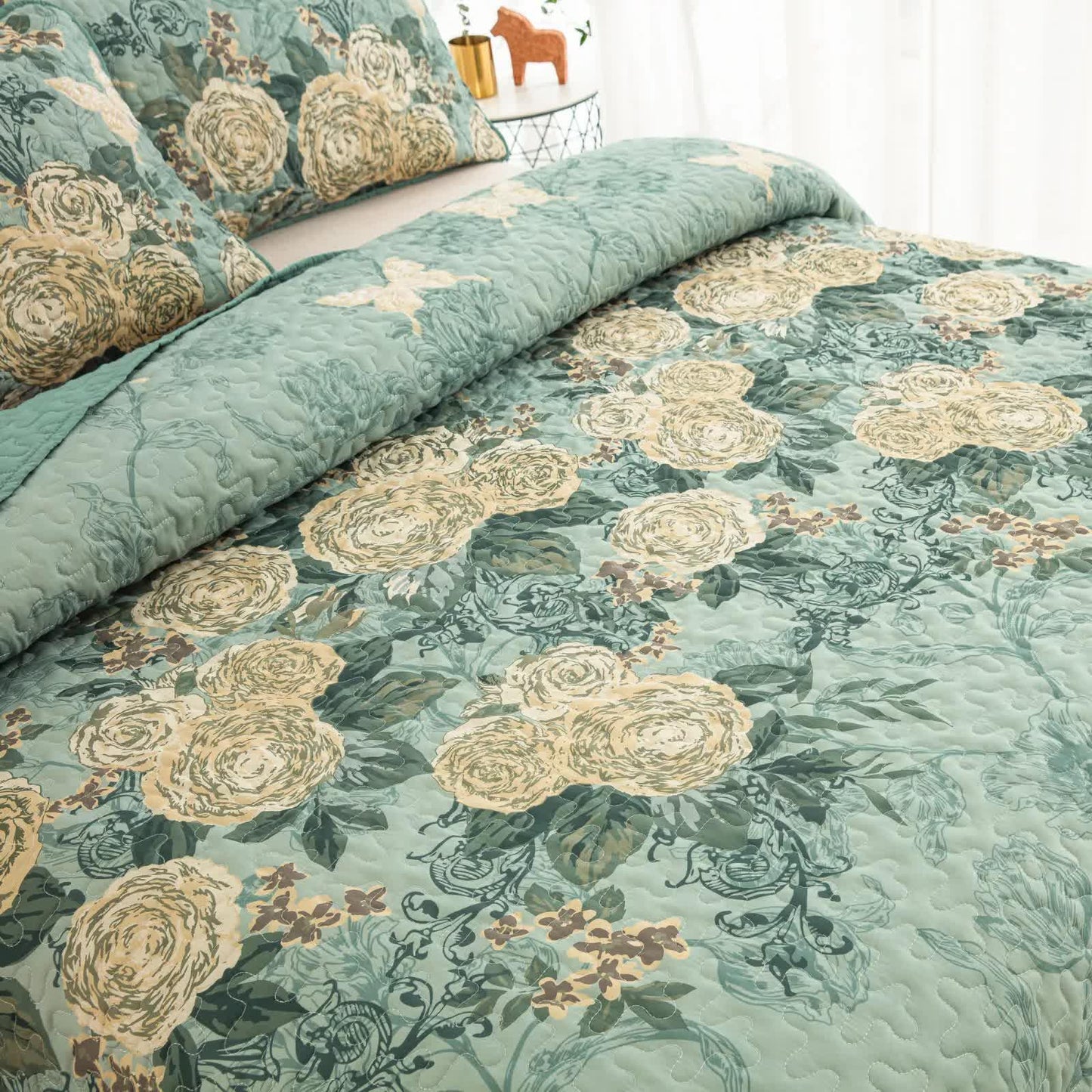 Meadow Butterfly Green Quilted Bedspread Set with Floral Details and Pillowcases - Mekamart Australia