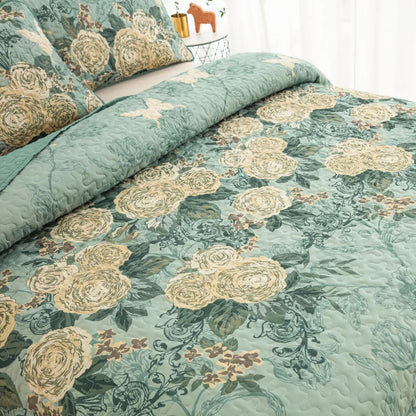 Meadow Butterfly Green Quilted Bedspread Set with Floral Details and Pillowcases - Mekamart Australia