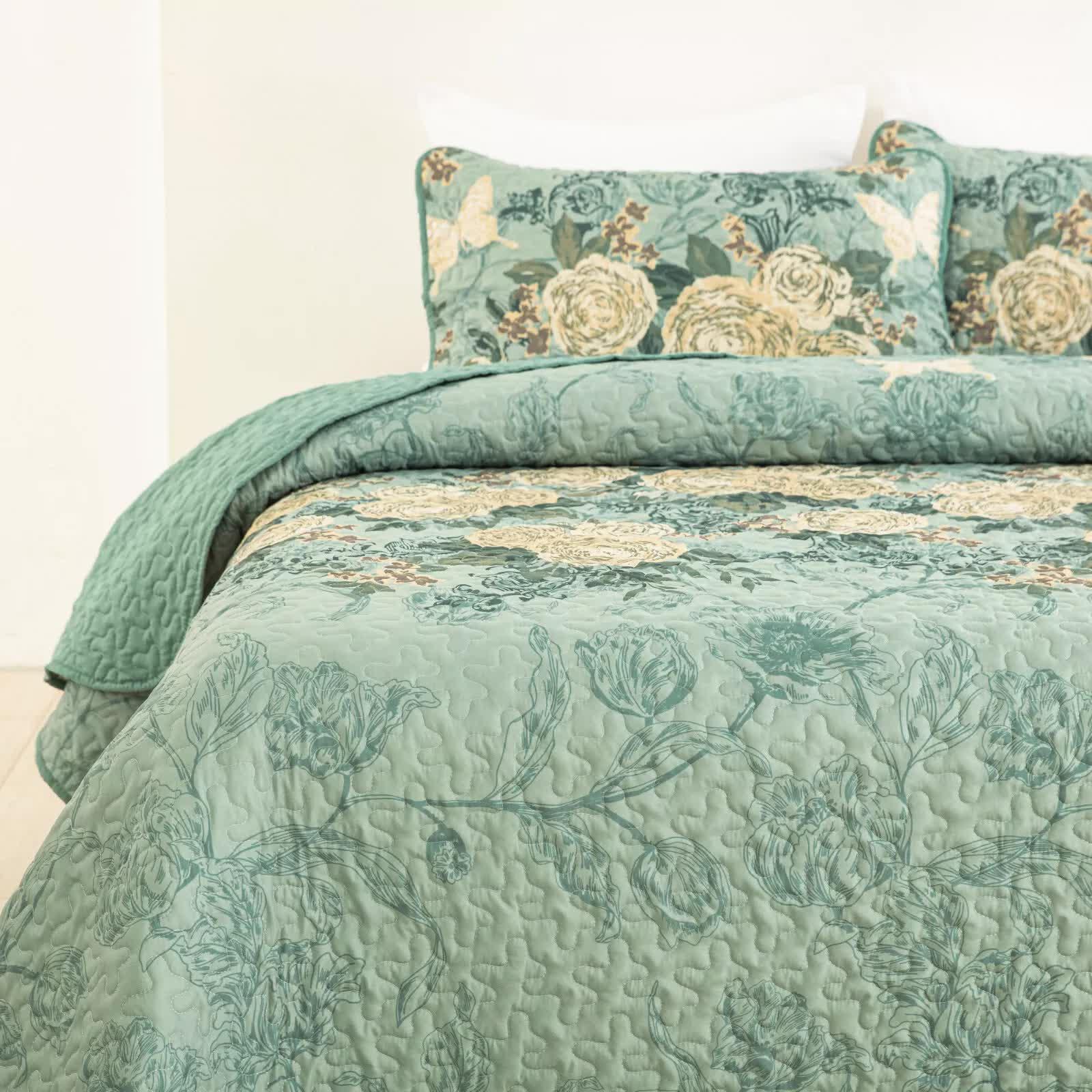 Meadow Butterfly Green Quilted Bedspread Set with Floral Details and Pillowcases - Mekamart Australia