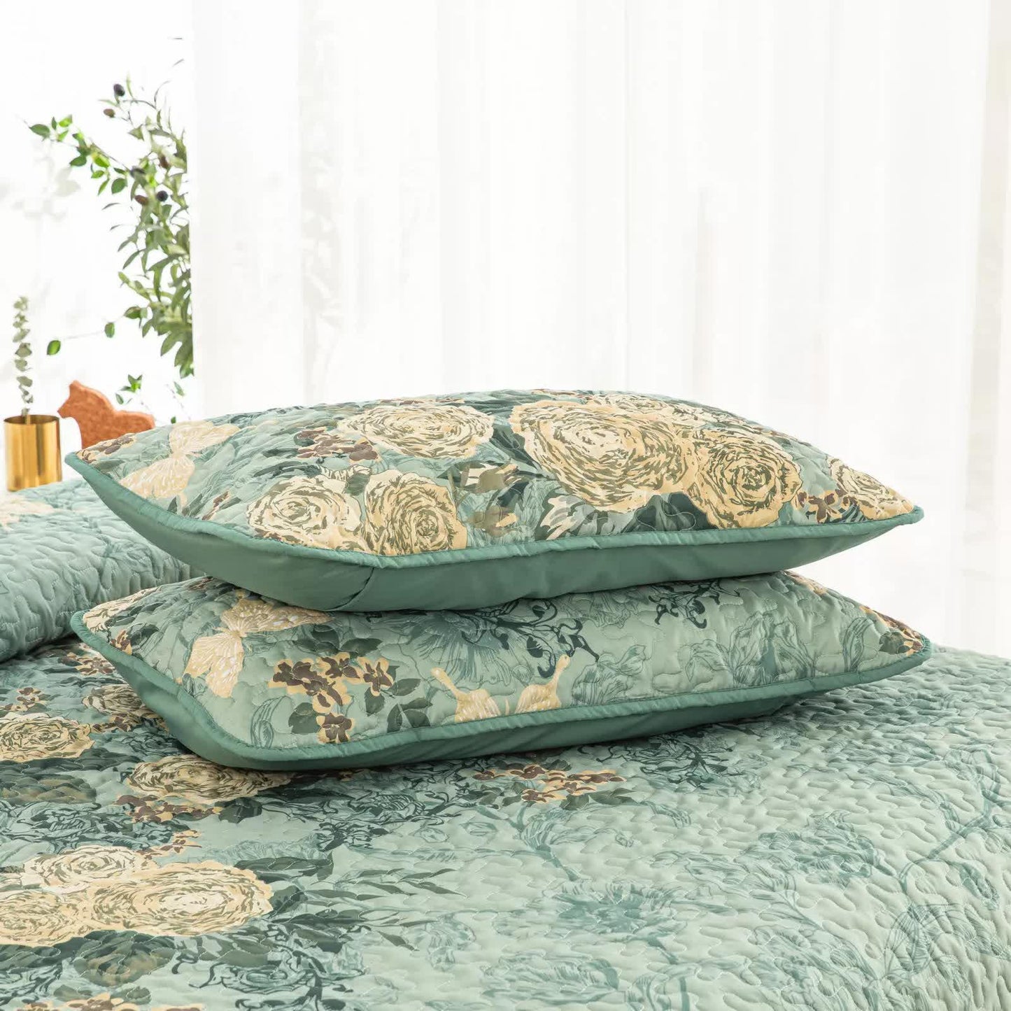Meadow Butterfly Green Quilted Bedspread Set with Floral Details and Pillowcases - Mekamart Australia