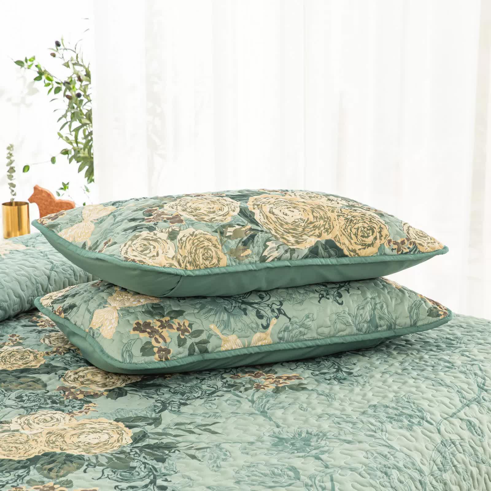 Meadow Butterfly Green Quilted Bedspread Set with Floral Details and Pillowcases - Mekamart Australia