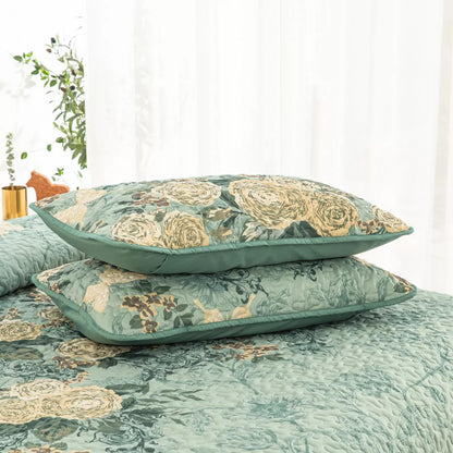 Meadow Butterfly Green Quilted Bedspread Set with Floral Details and Pillowcases - Mekamart Australia