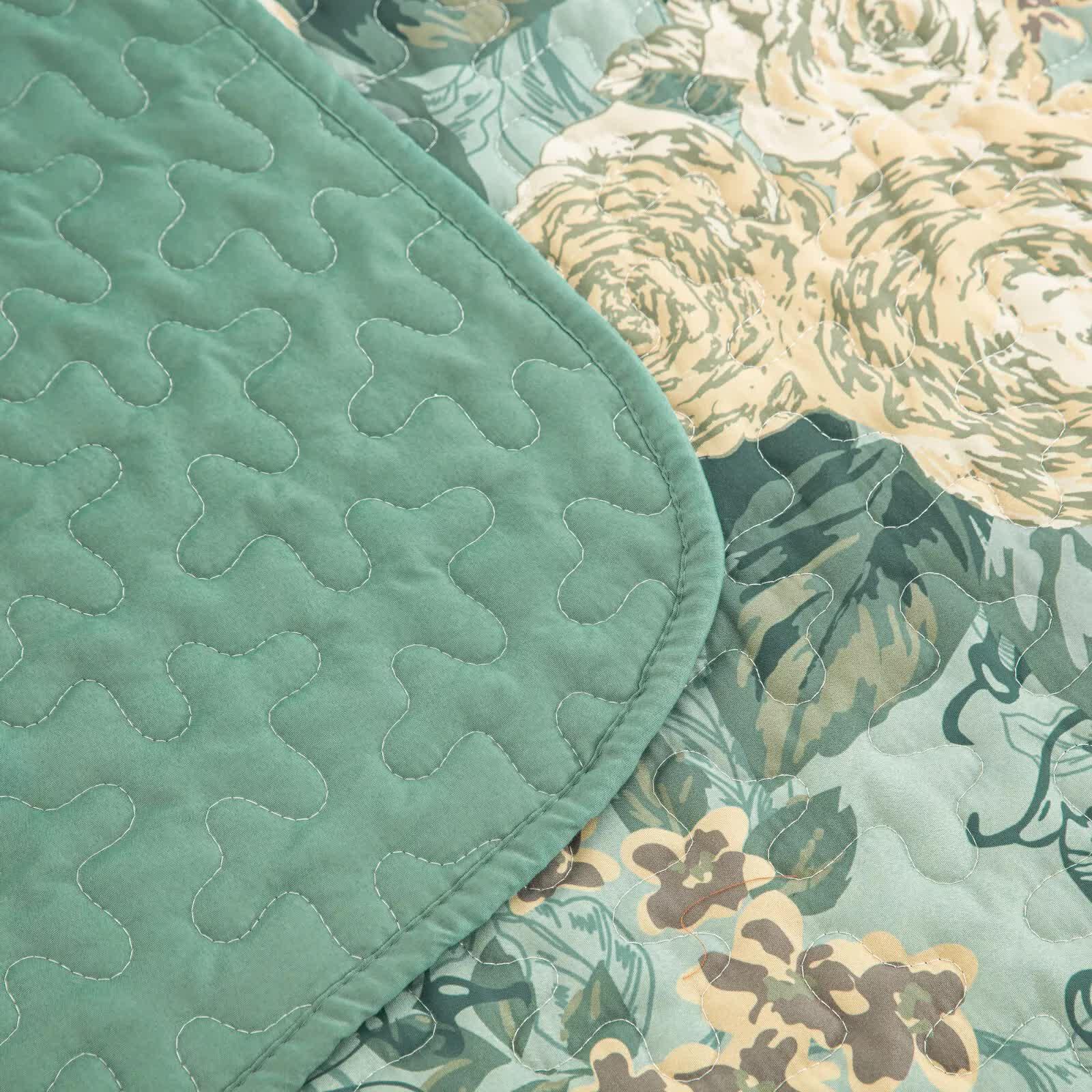 Meadow Butterfly Green Quilted Bedspread Set with Floral Details and Pillowcases - Mekamart Australia