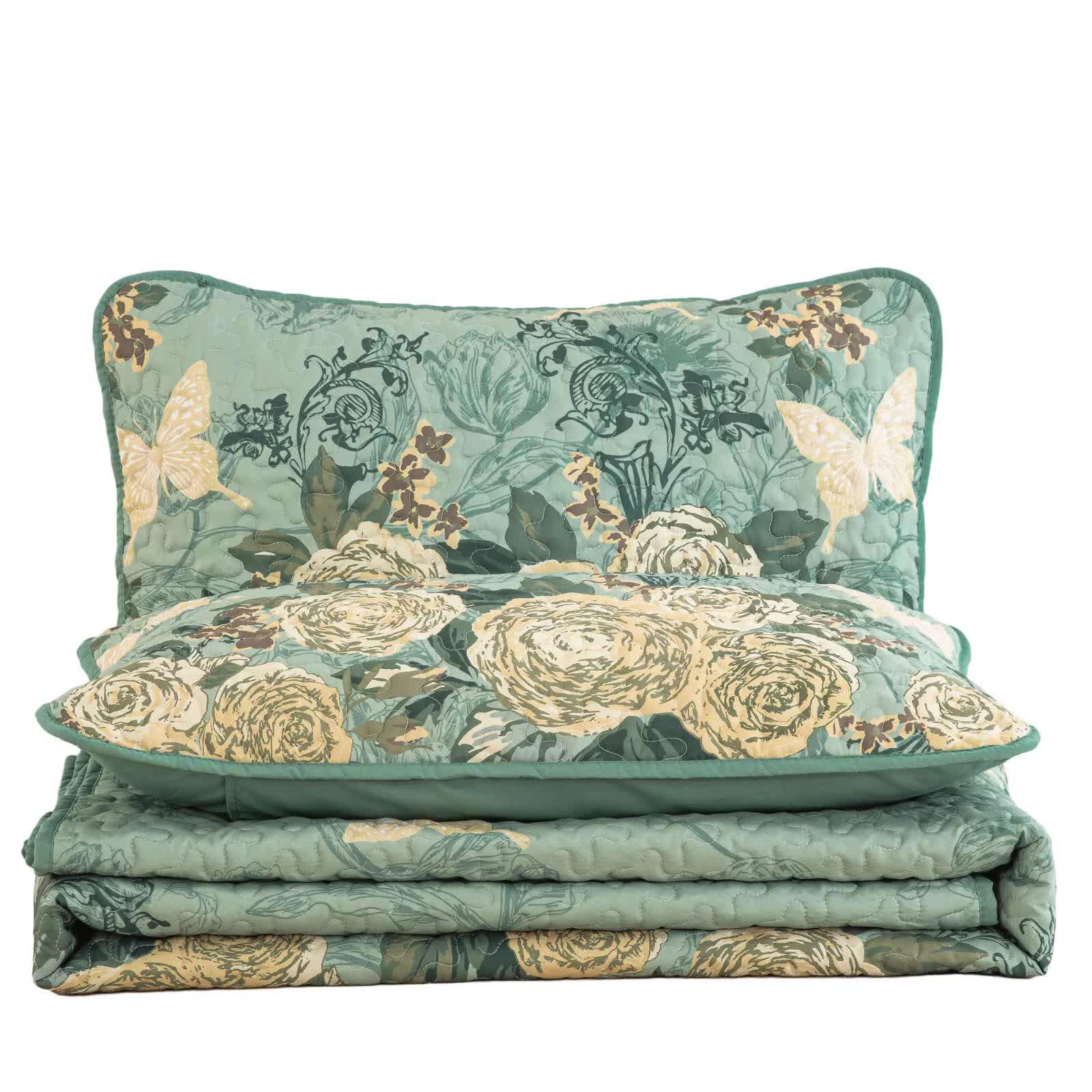 Meadow Butterfly Green Quilted Bedspread Set with Floral Details and Pillowcases - Mekamart Australia