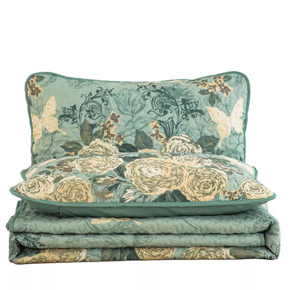 Meadow Butterfly Green Quilted Bedspread Set with Floral Details and Pillowcases - Mekamart Australia