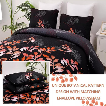 Black and Red Leaves Quilted Bedspread & Pillowcase Set - Mekamart Australia