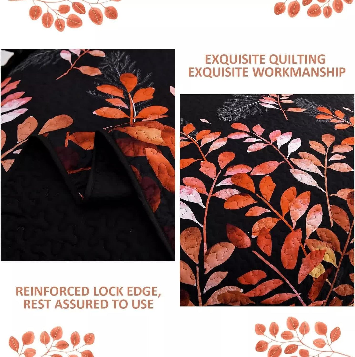 Black and Red Leaves Quilted Bedspread & Pillowcase Set - Mekamart Australia