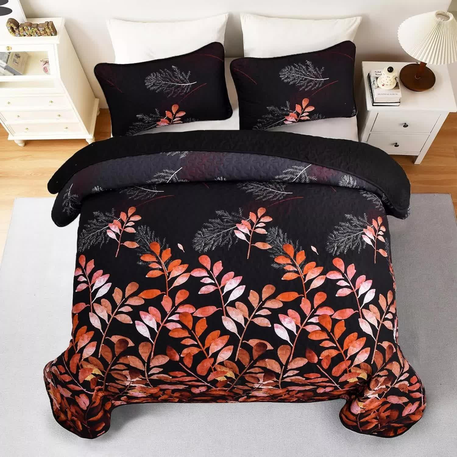Black and Red Leaves Quilted Bedspread & Pillowcase Set - Mekamart Australia