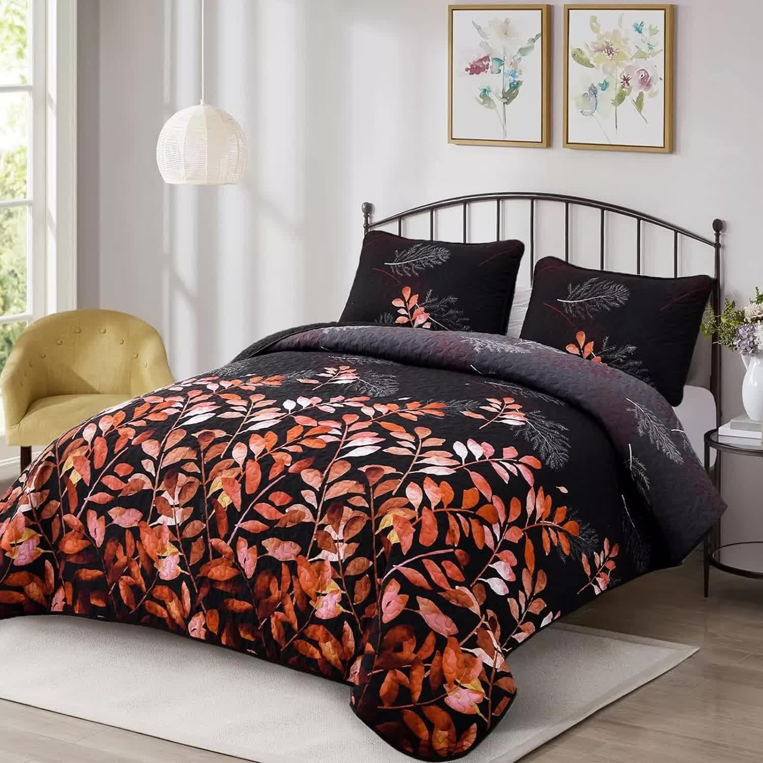 Black and Red Leaves Quilted Bedspread & Pillowcase Set - Mekamart Australia