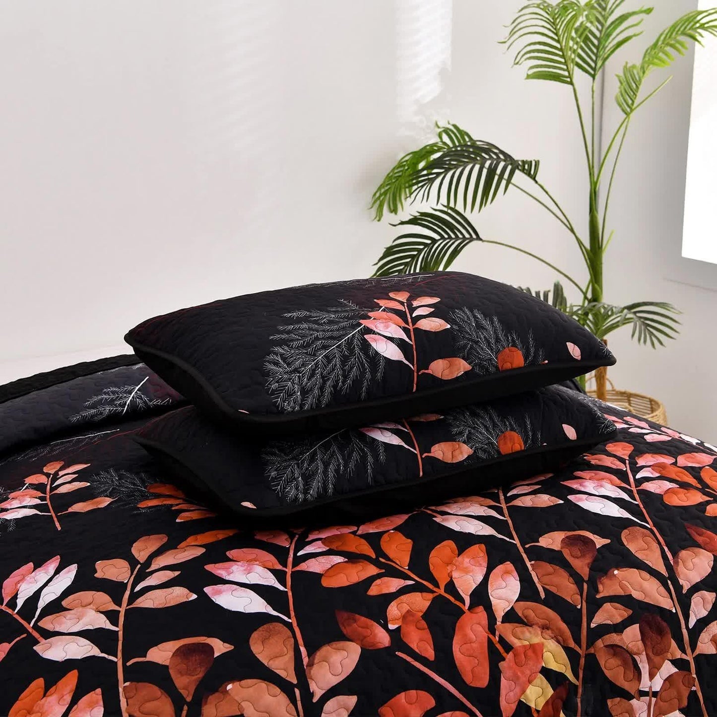 Black and Red Leaves Quilted Bedspread & Pillowcase Set - Mekamart Australia