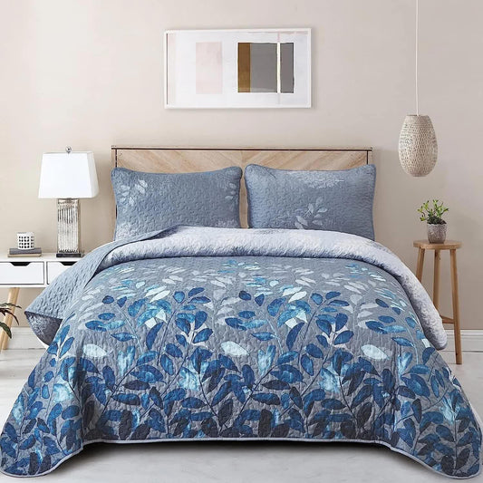 Blue Garden Coverlet Set with Quilted Floral Pattern and Pillowcases - Mekamart Australia