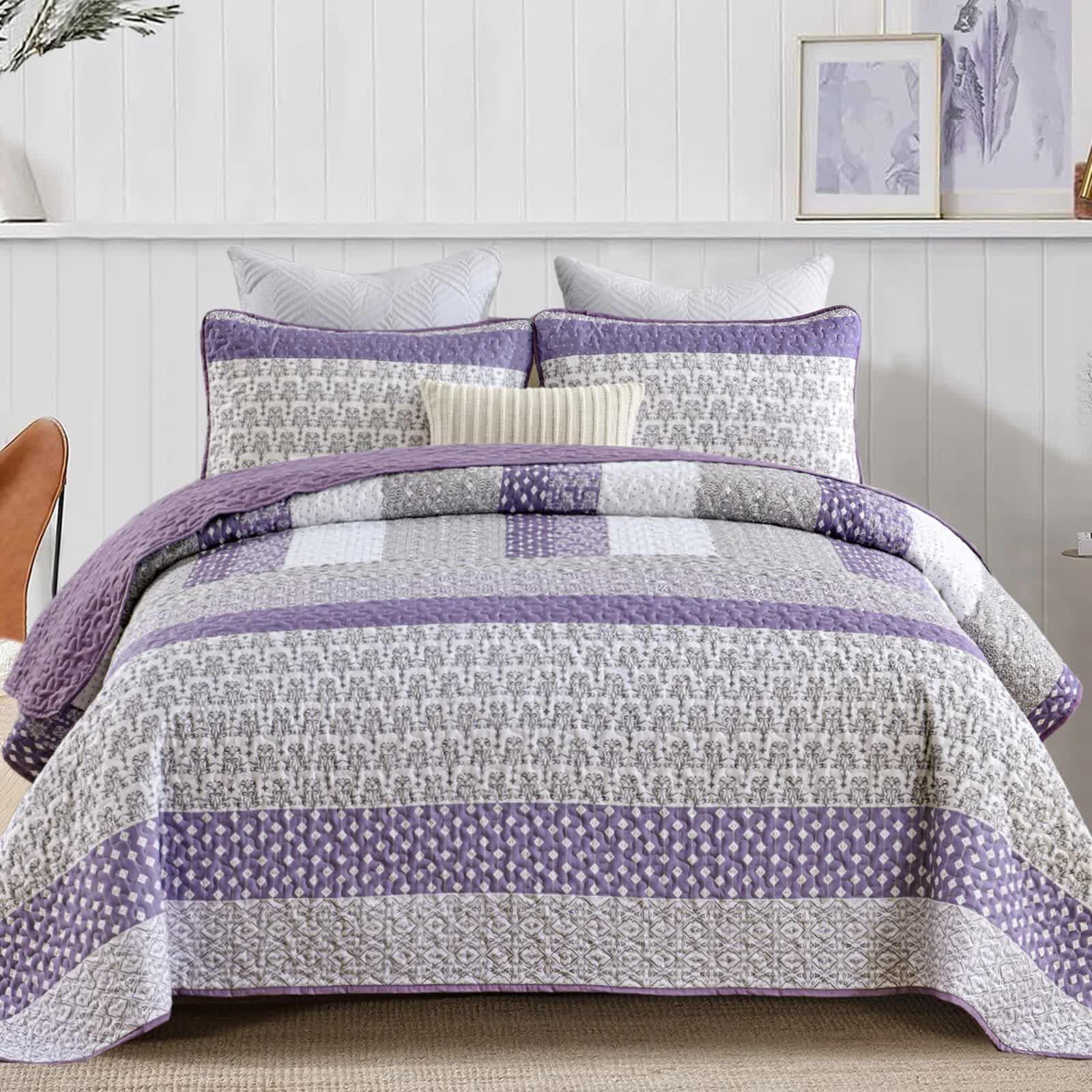Bohemian Purple and White Quilted Bedspread or Coverlet Set and matching pillowcases - Mekamart Australia