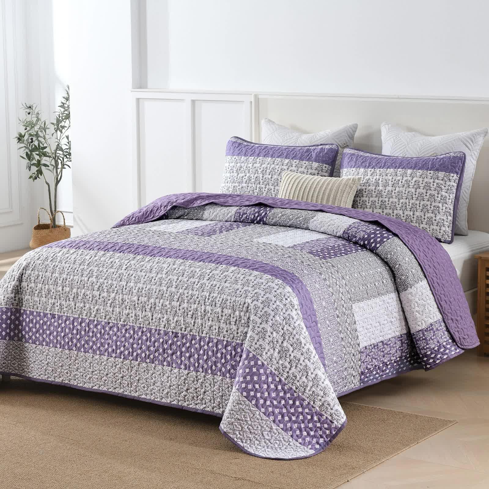 Bohemian Purple and White Quilted Bedspread or Coverlet Set and matching pillowcases - Mekamart Australia