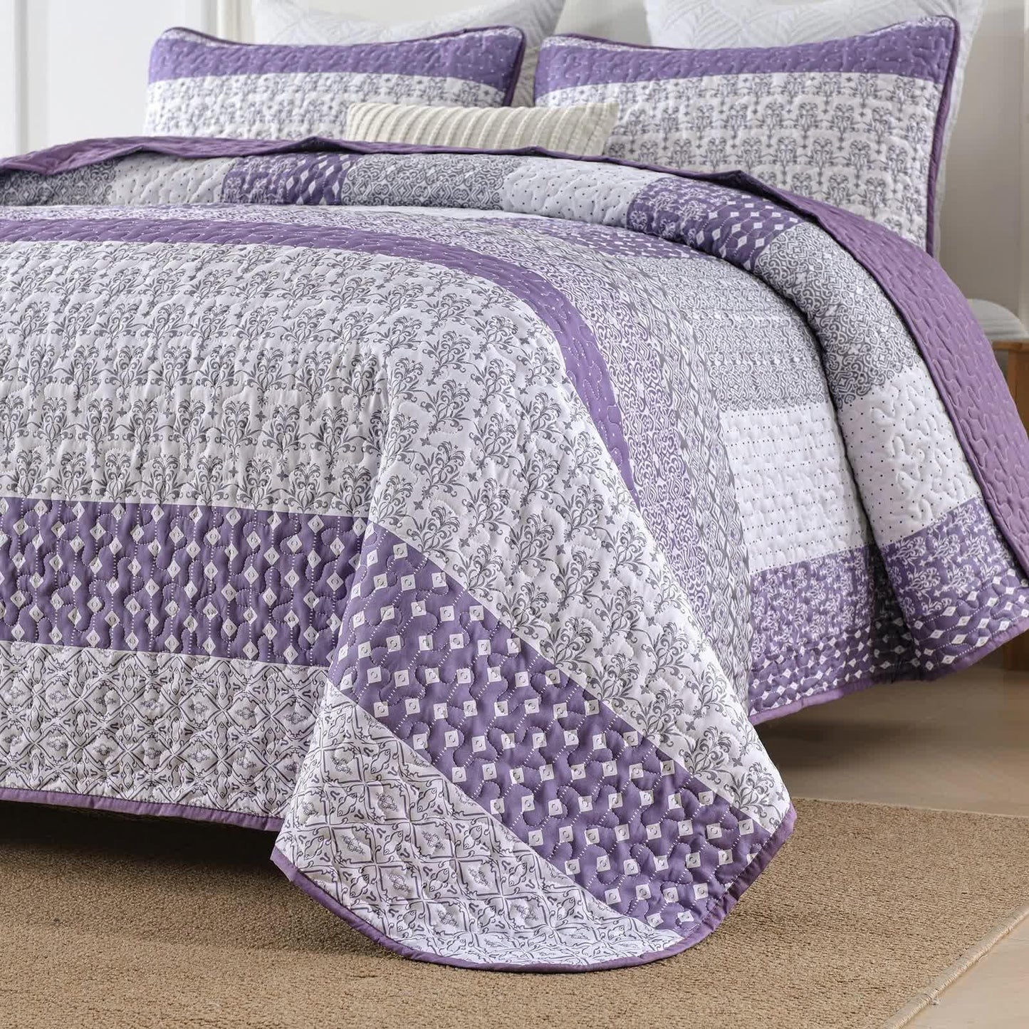 Bohemian Purple and White Quilted Bedspread or Coverlet Set and matching pillowcases - Mekamart Australia