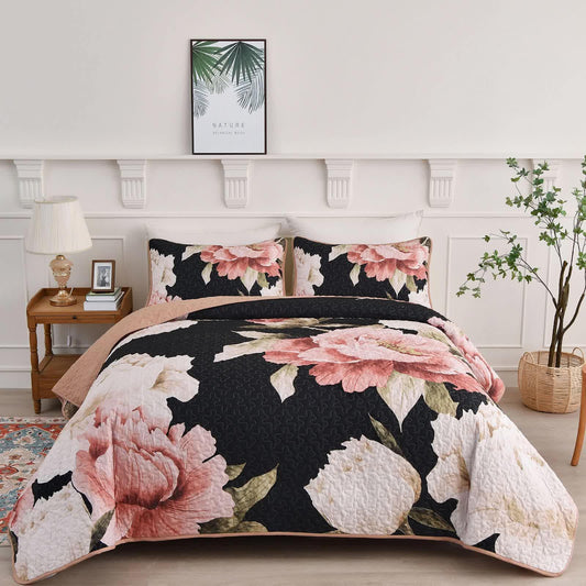 Blossom Trio Quilted Coverlet Set with Pillowcases (Black, Red & Pink - Mekamart Australia