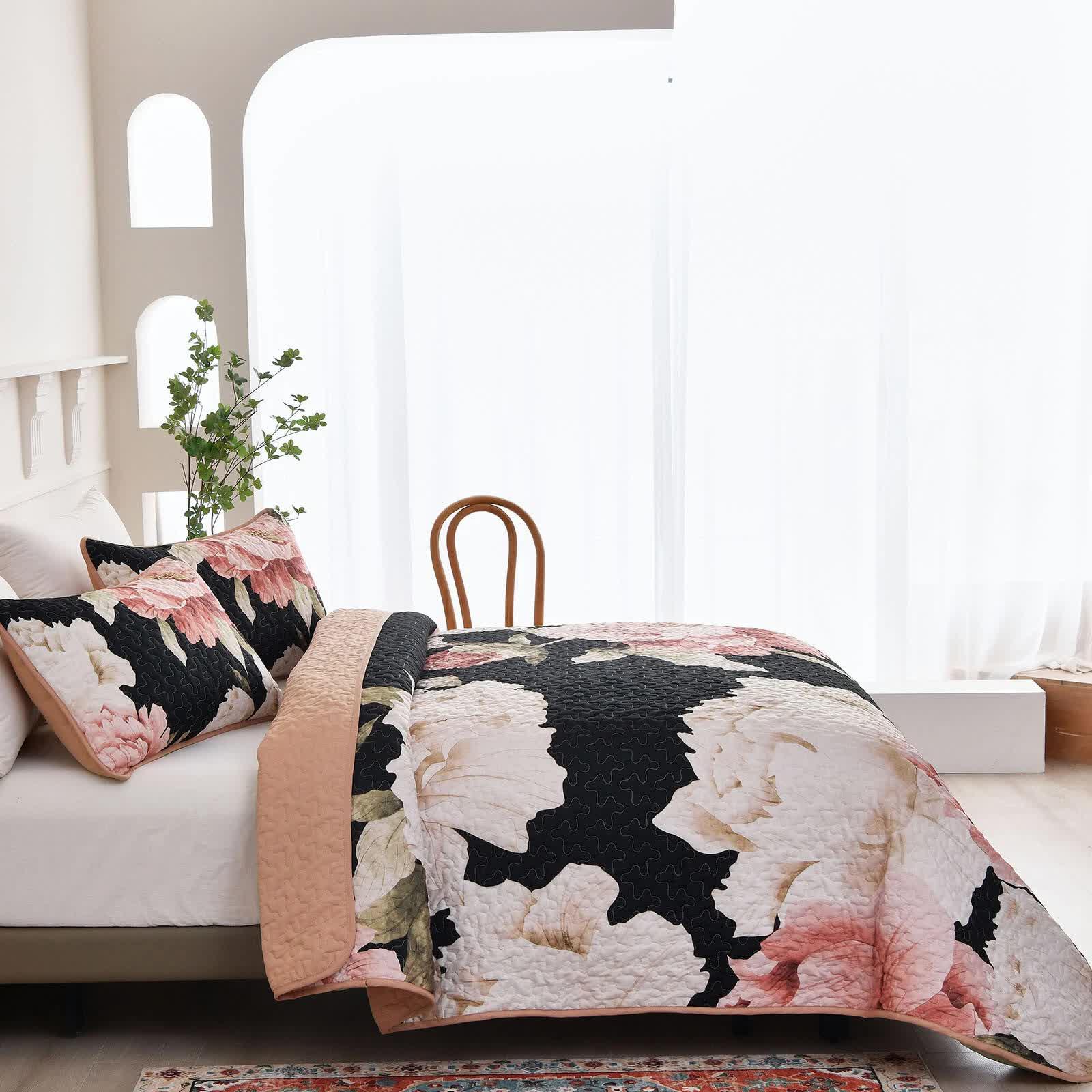 Blossom Trio Quilted Coverlet Set with Pillowcases (Black, Red & Pink - Mekamart Australia