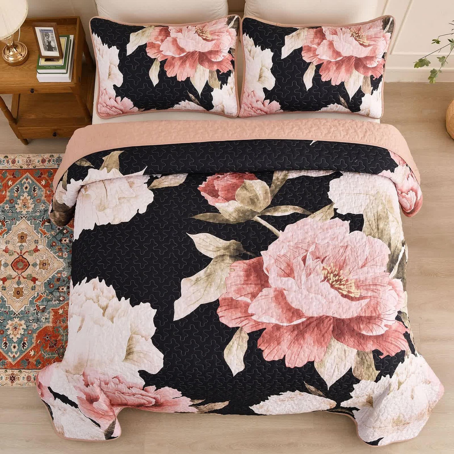 Blossom Trio Quilted Coverlet Set with Pillowcases (Black, Red & Pink - Mekamart Australia