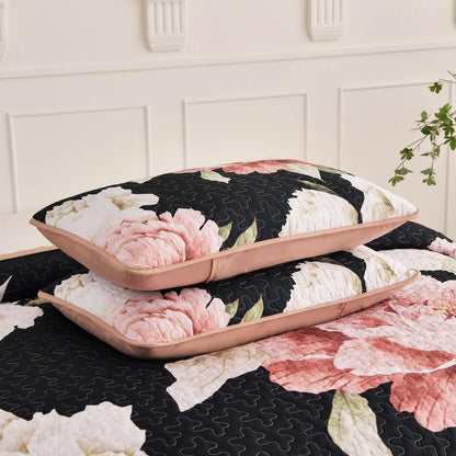 Blossom Trio Quilted Coverlet Set with Pillowcases (Black, Red & Pink - Mekamart Australia
