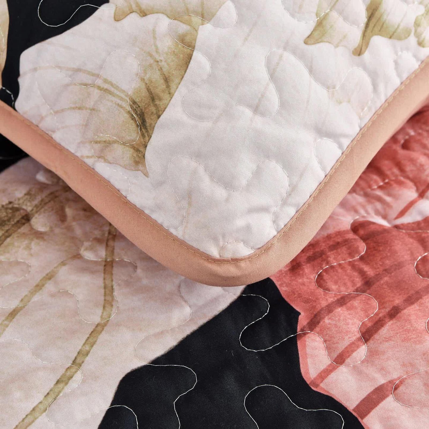 Blossom Trio Quilted Coverlet Set with Pillowcases (Black, Red & Pink - Mekamart Australia