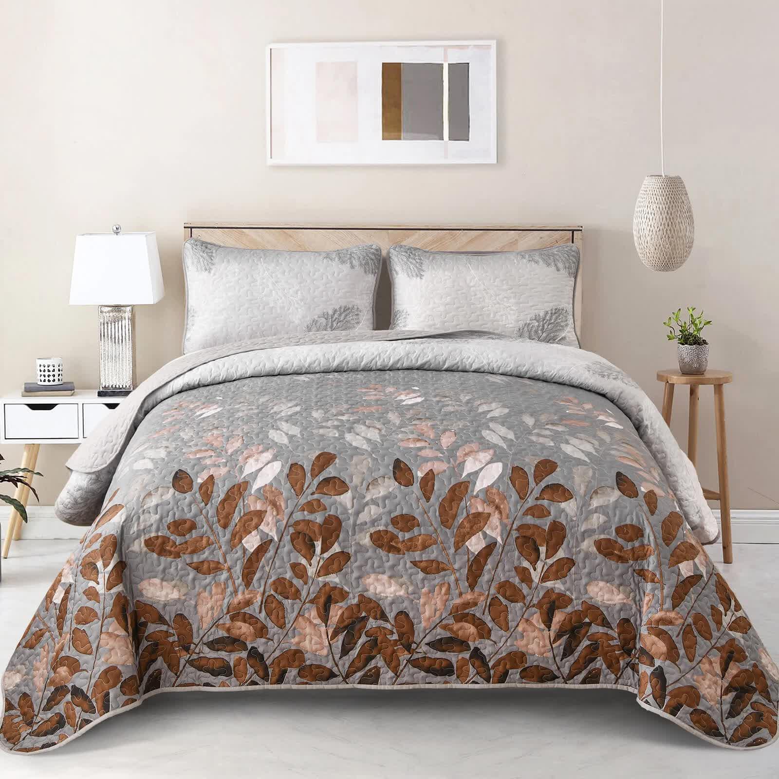 Brown Verdant Quilted Ensemble with Flower Motifs bedspread and Pillowcases - Mekamart Australia