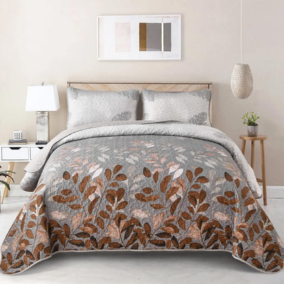 Brown Verdant Quilted Ensemble with Flower Motifs bedspread and Pillowcases - Mekamart Australia