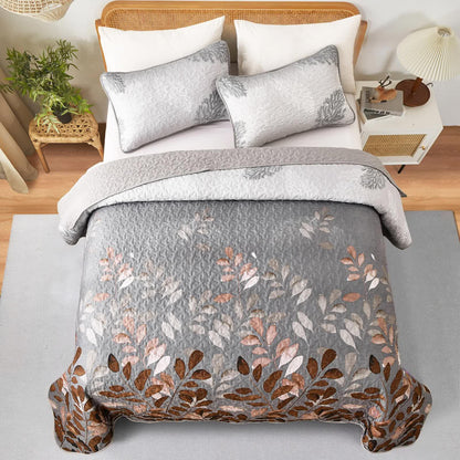 Brown Verdant Quilted Ensemble with Flower Motifs bedspread and Pillowcases - Mekamart Australia